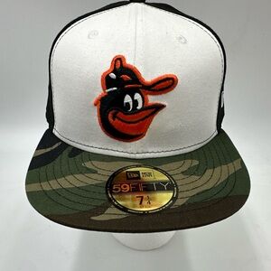 Baltimore Orioles New Era 59FIFTY Fitted Hat 7 1/4 Camo Brim Black White